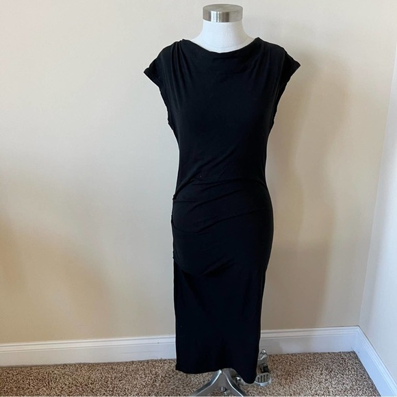 James Perse Cap Sleeve Gathered T-Shirt Midi Dress Size 1 Solid Black 959 - Picture 7 of 9